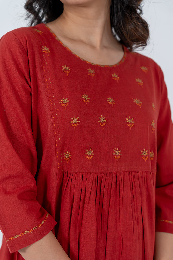 Cotton Hand Embroidery Kurta - Red