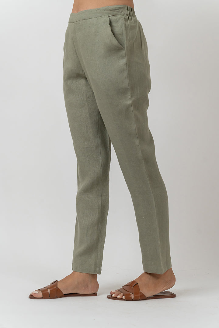 Linen Elasticated Waist Pant - Turquoise Green