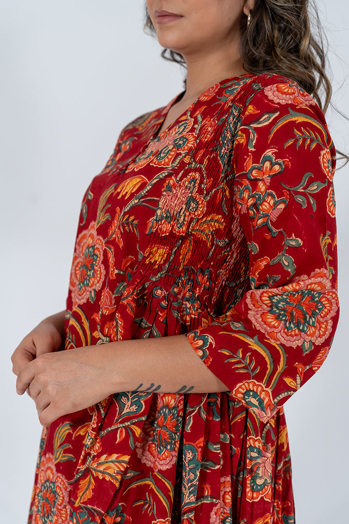 Cotton Hand Block Printed Dress - Red