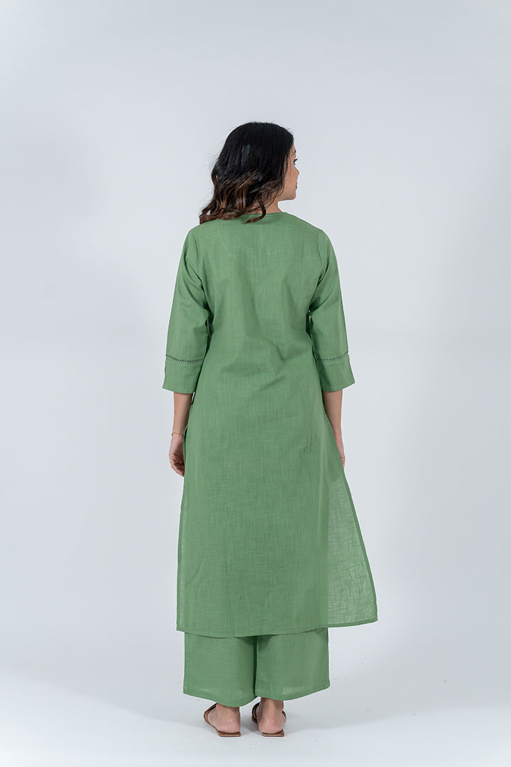 Cotton Hand Embroidery Kurta - Green