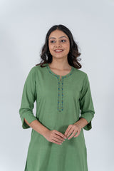 Cotton Hand Embroidery Kurta - Green