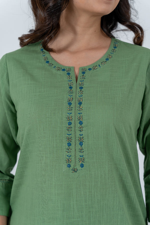 Cotton Hand Embroidery Kurta - Green