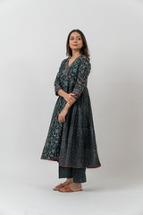 Chanderi Hand Block Printed Kurta With  Sequins Details - Jade Green