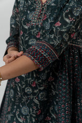 Chanderi Hand Block Printed Kurta With  Sequins Details - Jade Green