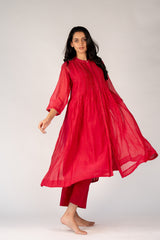 Chanderi Hand Embroidered Kurta - Pink