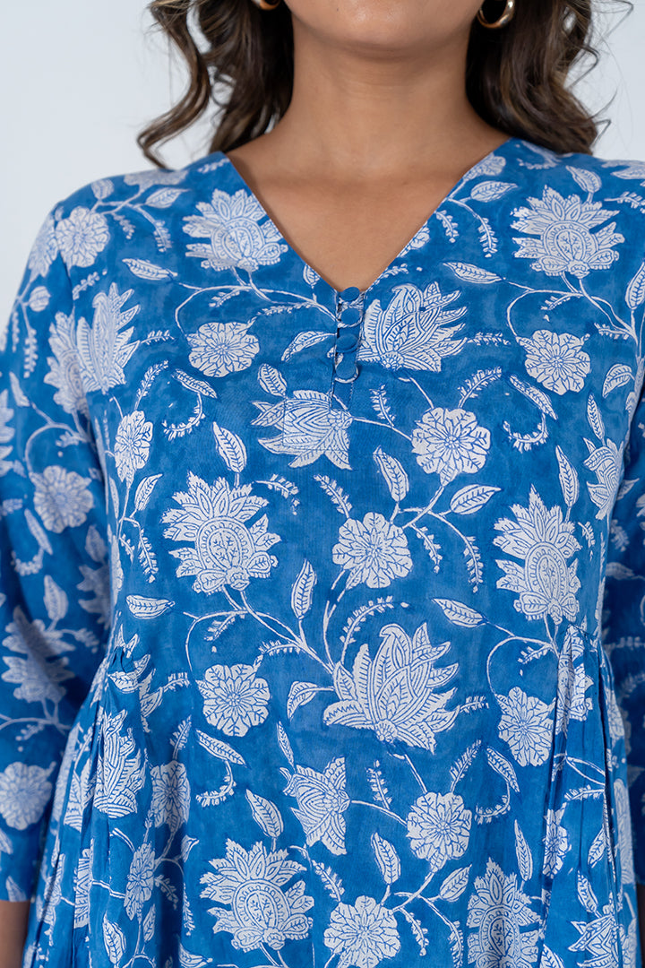 Cotton Hand Block Printed Dress - Blue