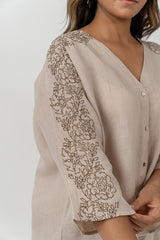 Linen Embroidered Top - Beige