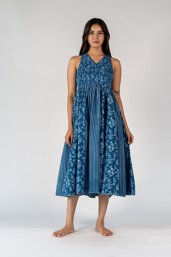 Cotton Hand Block Printed Dress - Blue