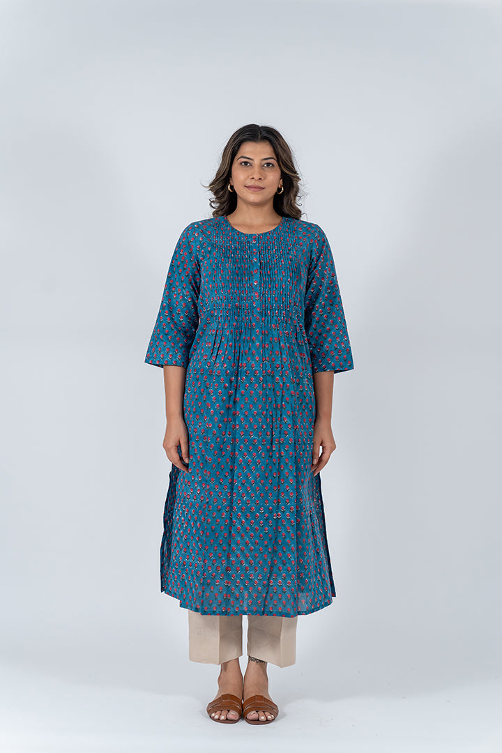 Cotton Hand Block Printed Kurta - Blue