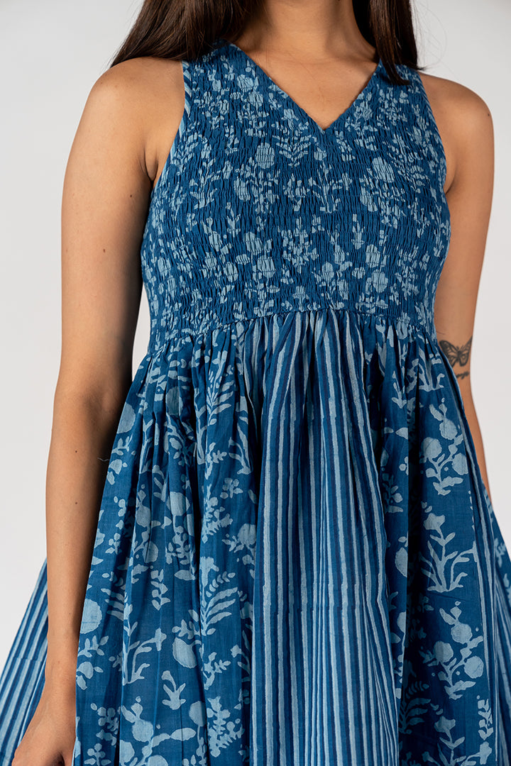 Cotton Hand Block Printed Dress - Blue
