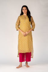 Chanderi Hand Block Printed Kurta- Yellow