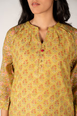 Chanderi Hand Block Printed Kurta- Yellow
