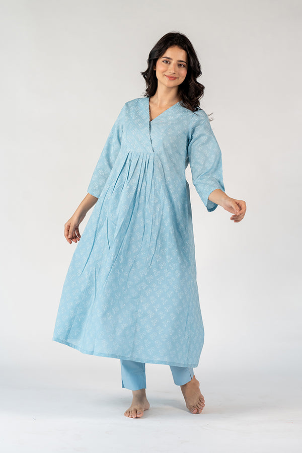 Cotton Hand Block Printed Kurta - Blue