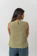 Linen Embroidered Top - Pista Green