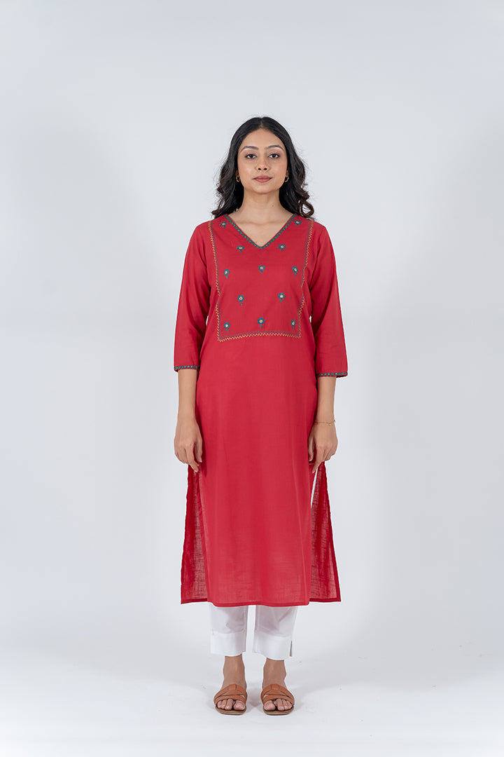 Cotton Hand Embroidery Kurta - Red