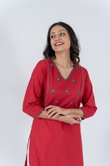 Cotton Hand Embroidery Kurta - Red