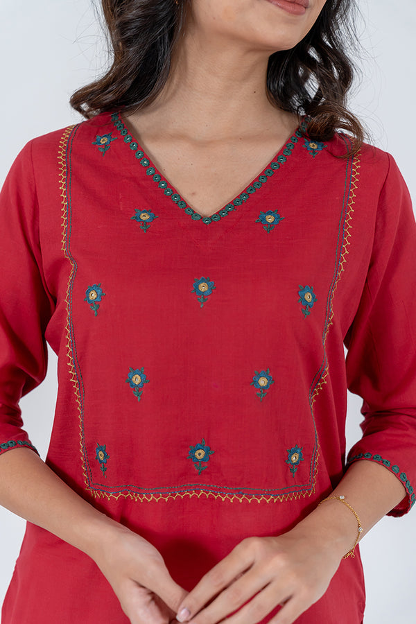 Cotton Hand Embroidery Kurta - Red