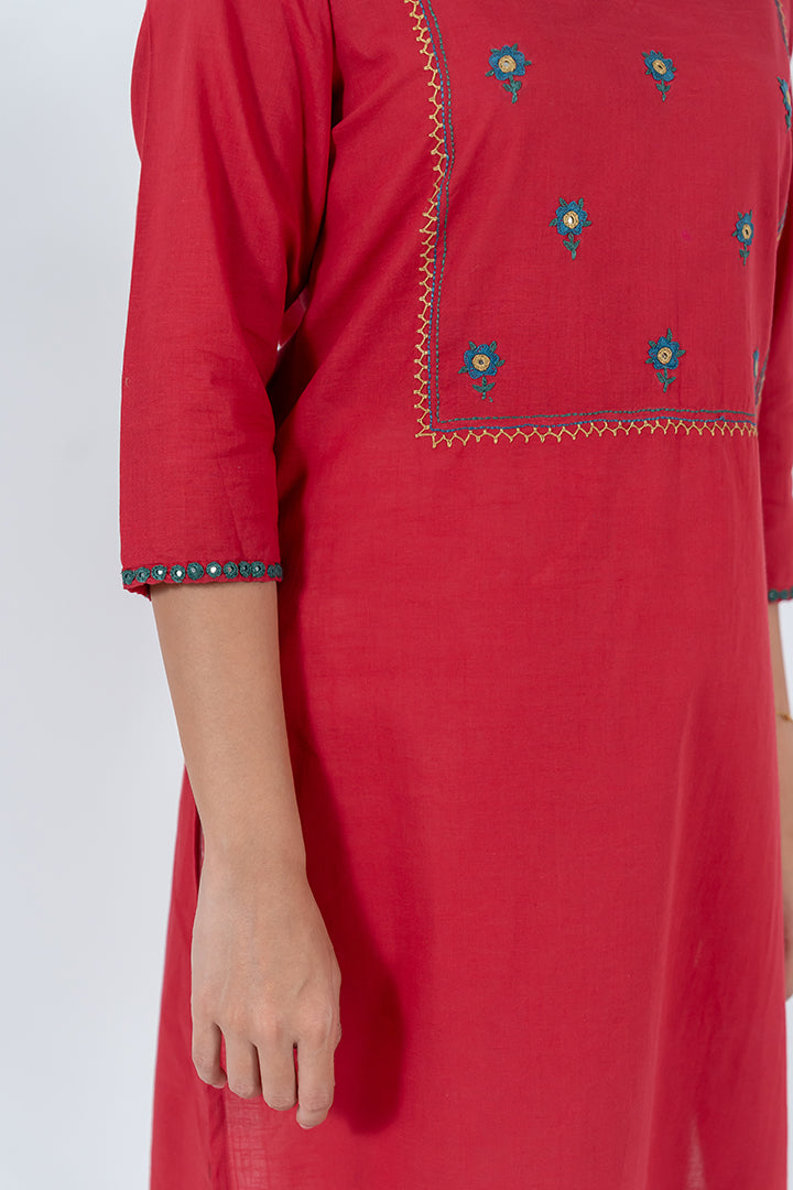 Cotton Hand Embroidery Kurta - Red