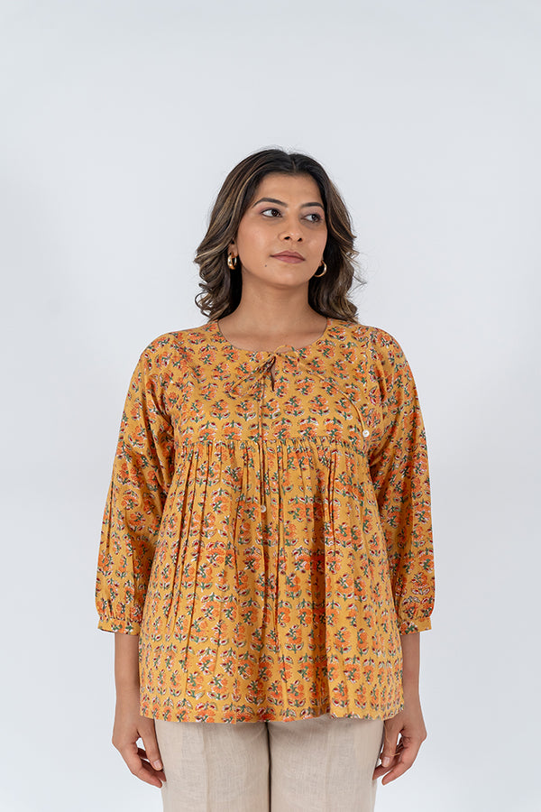 Cotton Hand Block Printed Top - Yellow