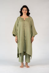 Linen Hand Embroidered Dress - Green