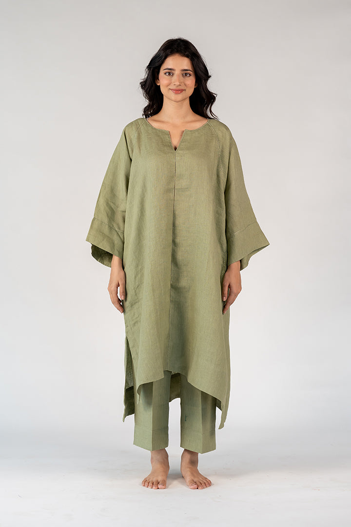 Linen Hand Embroidered Dress - Green