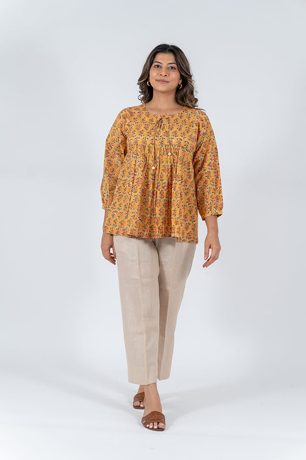 Cotton Hand Block Printed Top - Yellow