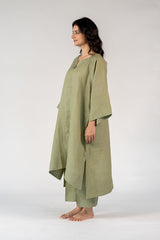 Linen Hand Embroidered Dress - Green