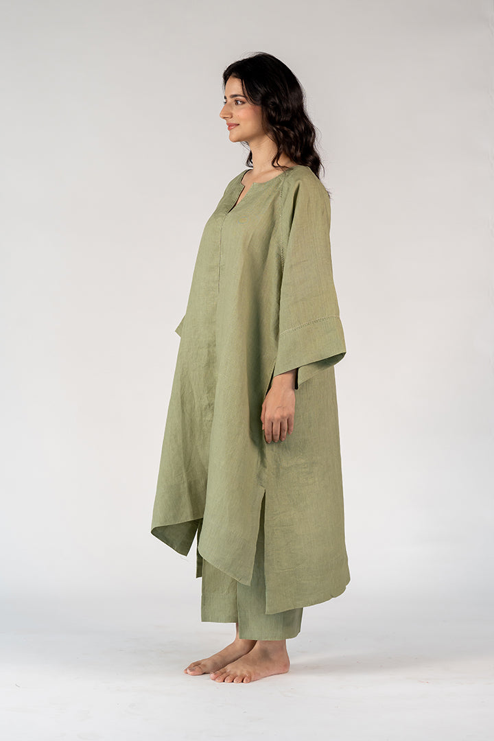 Linen Hand Embroidered Dress - Green