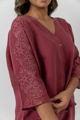 Linen Embroidered Top - Dark Pink