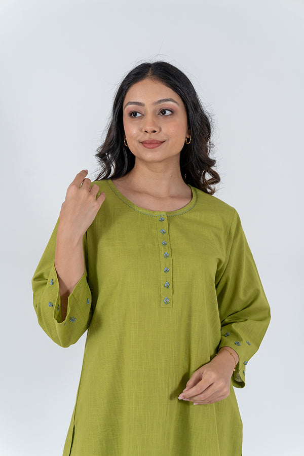 Cotton Hand Embroidery Kurta - Light Green