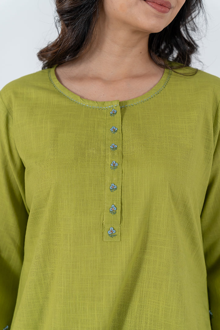 Cotton Hand Embroidery Kurta - Light Green