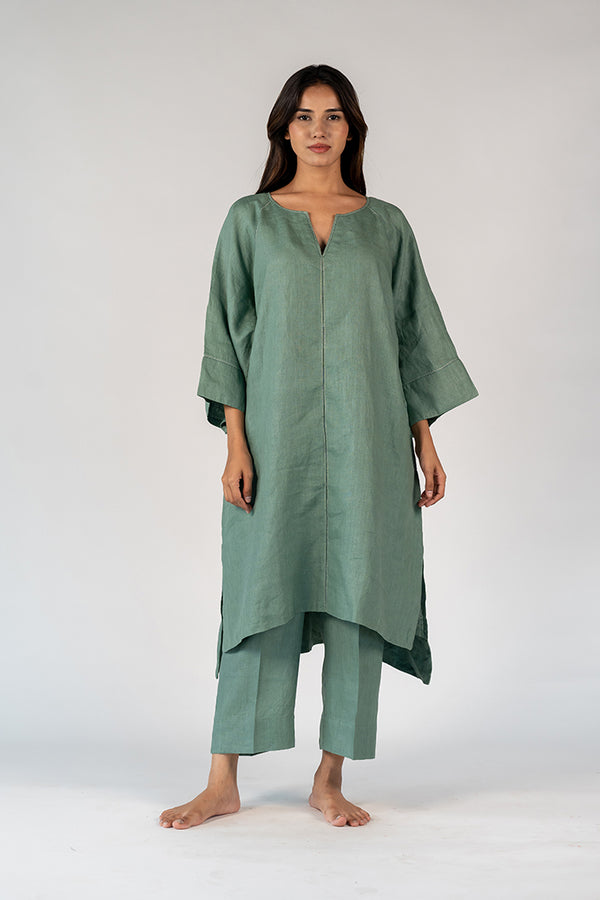 Linen Hand Embroidered Dress - Green