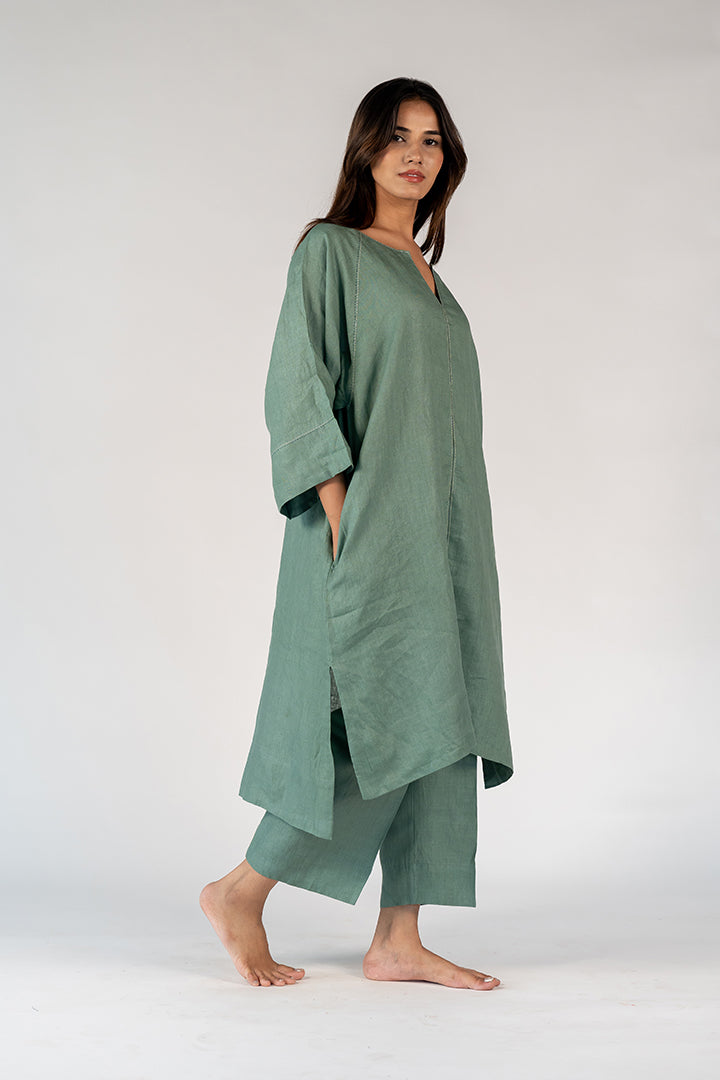 Linen Hand Embroidered Dress - Green
