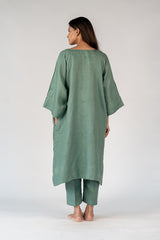 Linen Hand Embroidered Dress - Green