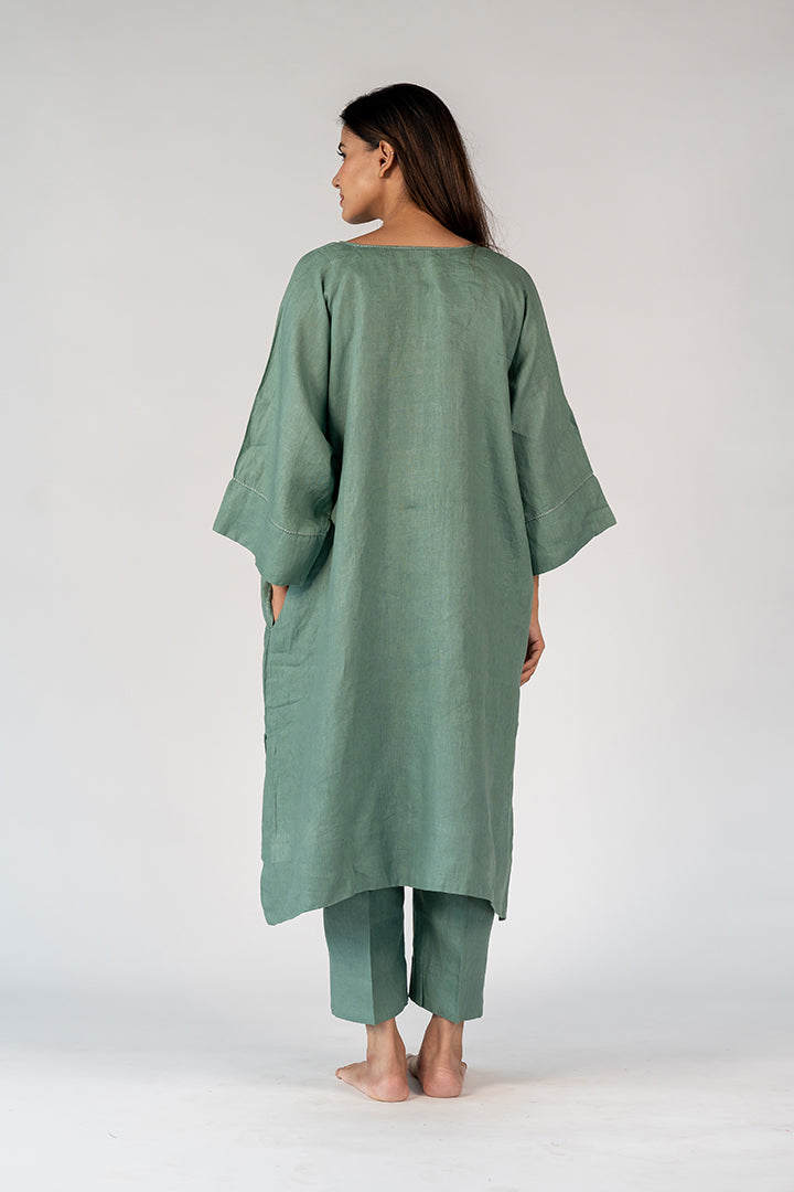 Linen Hand Embroidered Dress - Green
