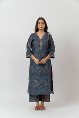 Chanderi Hand Block Printed Kurta With Sequins Details - Blue