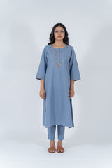 Cotton Hand Embroidery Kurta - Slate Blue