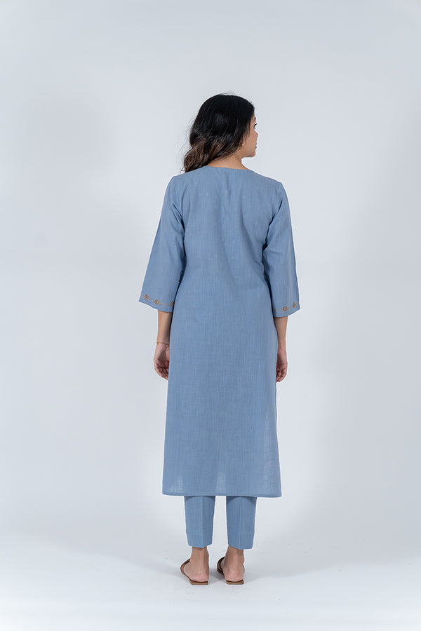 Cotton Hand Embroidery Kurta - Slate Blue