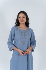 Cotton Hand Embroidery Kurta - Slate Blue