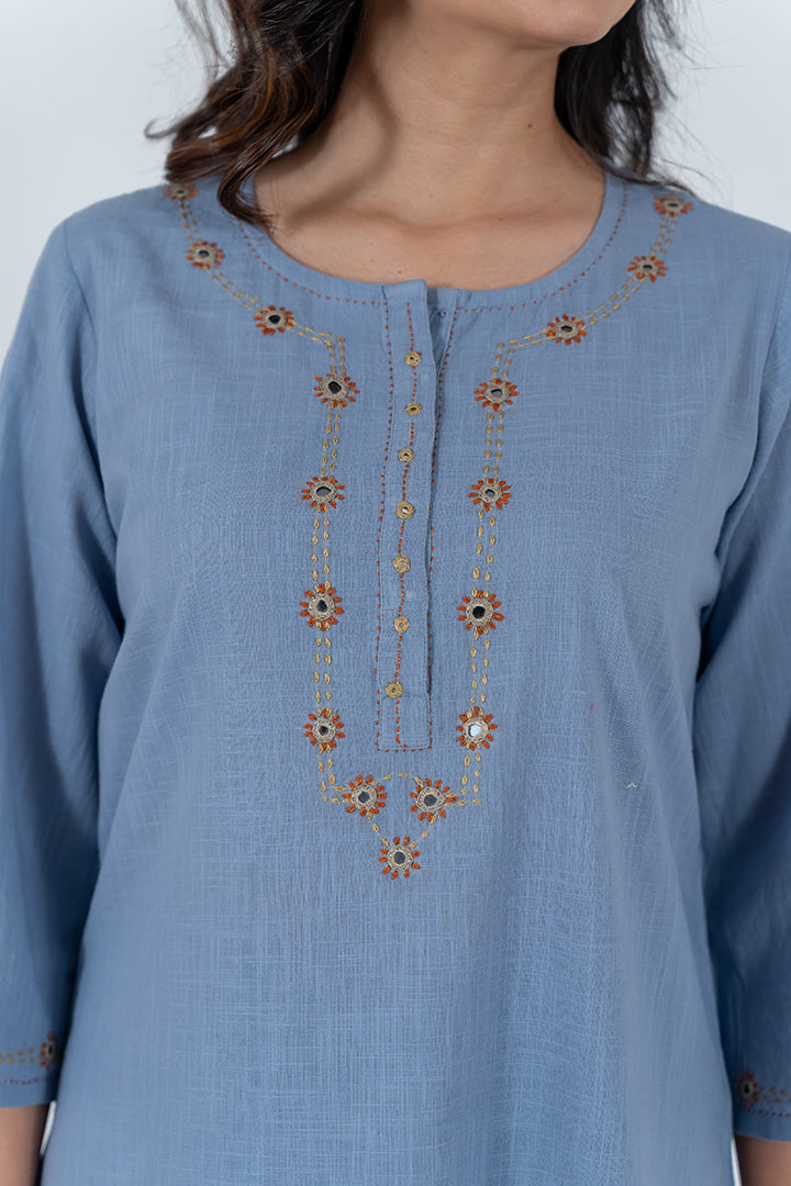 Cotton Hand Embroidery Kurta - Slate Blue