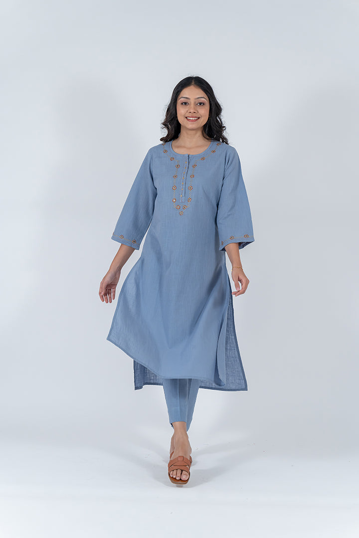 Cotton Hand Embroidery Kurta - Slate Blue