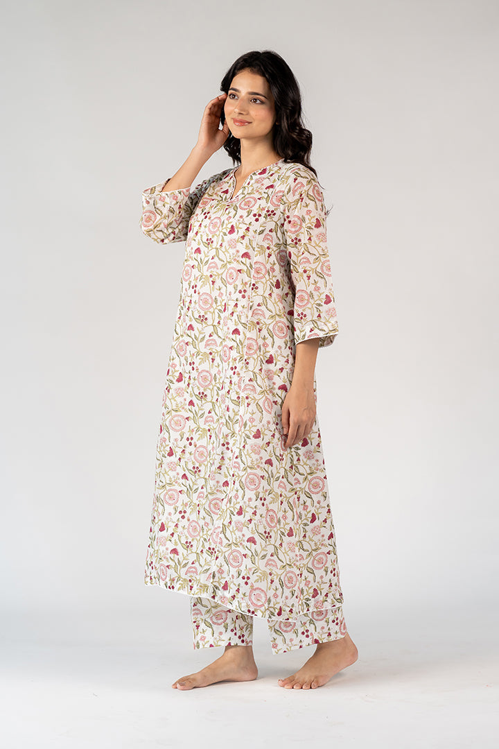 Cotton Hand Block Printed Kurta - White