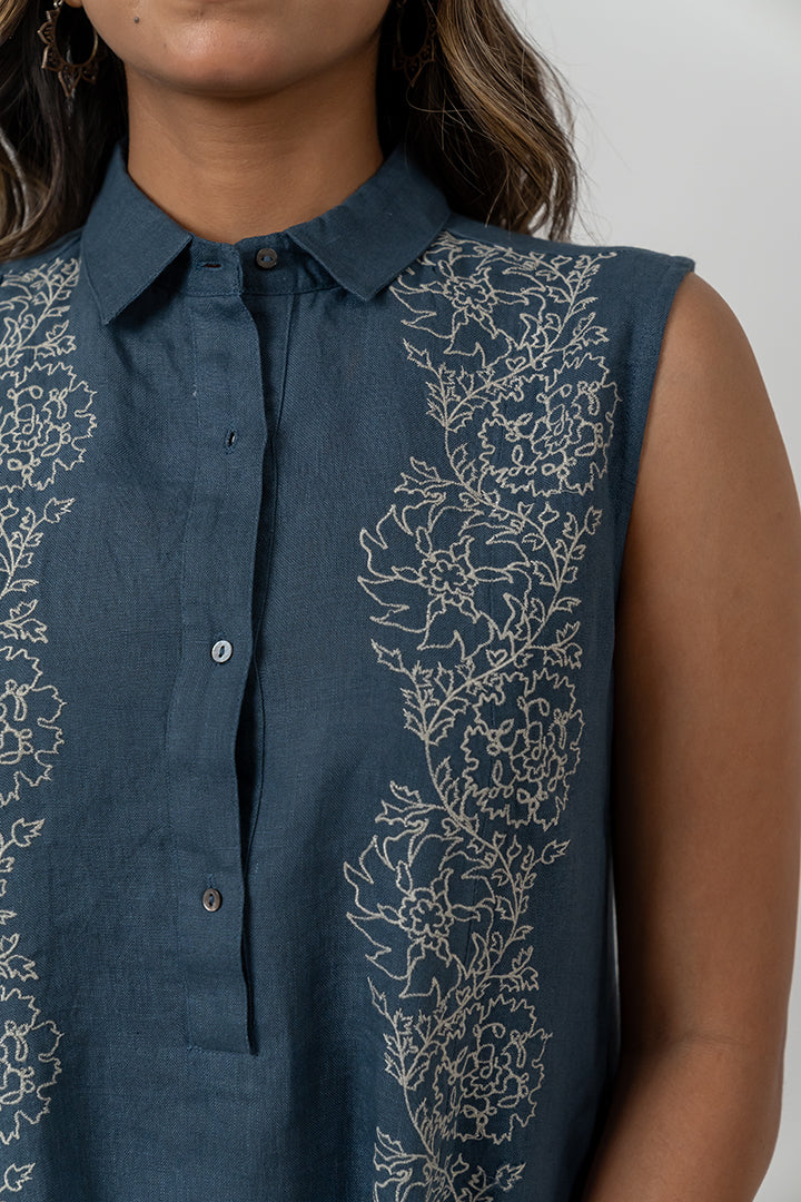 Linen Embroidered Dress - Indigo