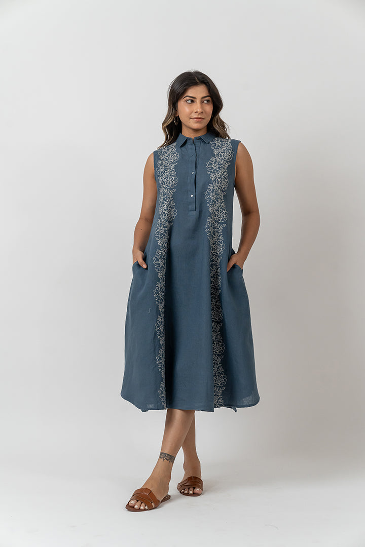 Linen Embroidered Dress - Indigo
