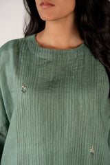 Linen Hand Embroidered Kurta - Green