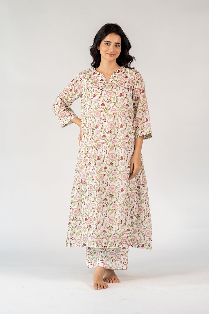 Cotton Hand Block Printed Kurta - White