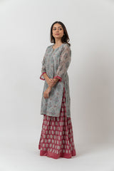 Chanderi Hand Block Printed Kurta With Sequins Details - Slate Blue