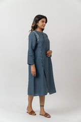 Linen Embroidered Dress- Indigo