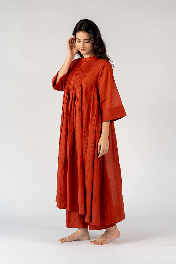 Cotton Hand Embroidered Kurta - Rust