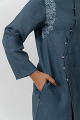 Linen Embroidered Dress- Indigo